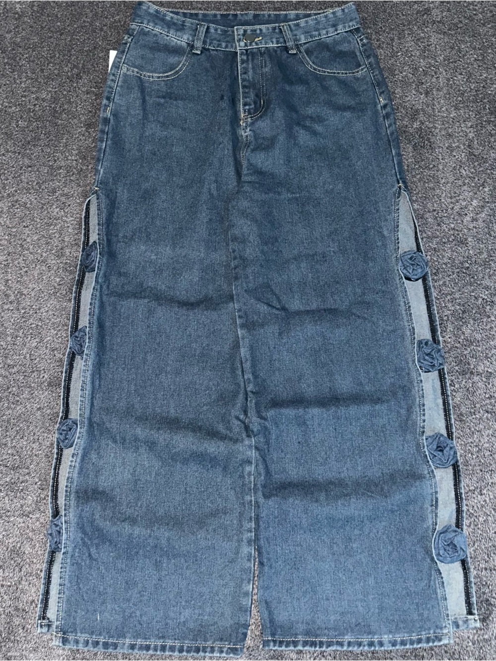 Blue Denim Maxi Skirt with Side Rosette Detail
